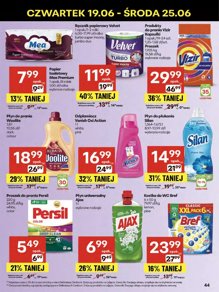 Gazetka promocyjna Delikatesy Centrum - Franczyza DC25 Czwartek - ważna 19.06 do 25.06.2025 - strona 44 - produkty: Ajax, Bref, Kostka do wc, Odplamiacz, Papier, Papier toaletowy, Persil, Płyn do płukania, Płyn do prania, Por, Proszek do prania, Ręcznik, Rolki, Rum, Silan, Velvet, Vizir