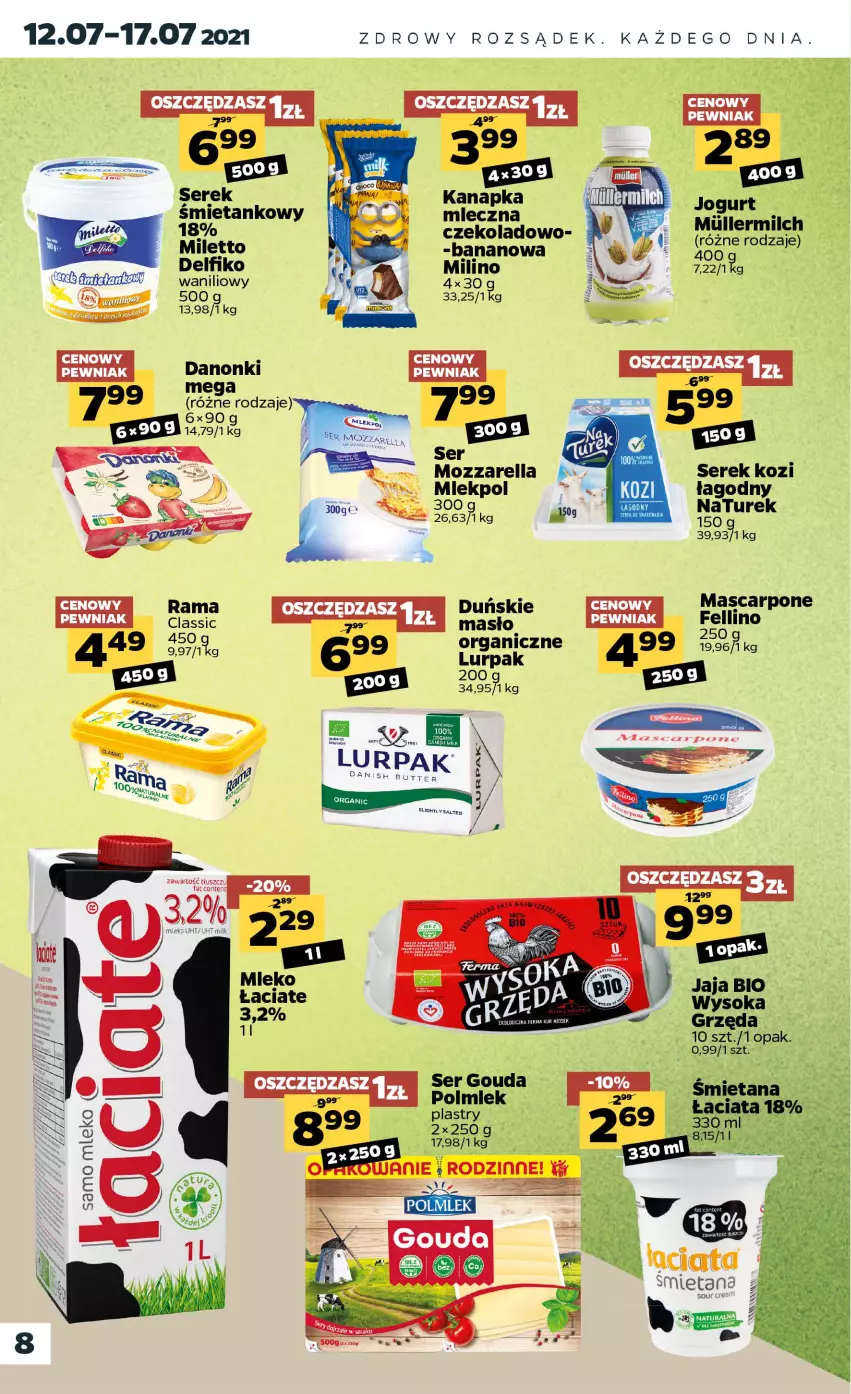 Gazetka promocyjna Netto - Gazetka spożywcza - ważna 12.07 do 17.07.2021 - strona 8 - produkty: Danonki, Gouda, Jaja, Lurpak, Mascarpone, Masło, Mozzarella, NaTurek, Por, Rama, Ser, Serek, Sok