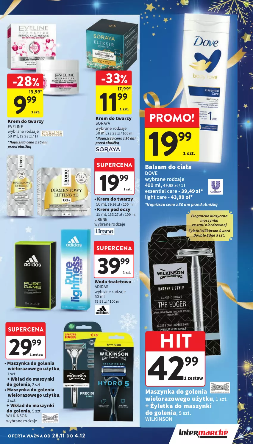 Gazetka promocyjna Intermarche - Gazetka Intermarche - ważna 28.11 do 04.12.2024 - strona 11 - produkty: Adidas, Balsam do ciała, Dove, Eveline, Krem do twarzy, Krem pod oczy, Lirene, Maszynka, Maszynka do golenia, Szynka, Wilkinson Sword, Woda, Woda toaletowa