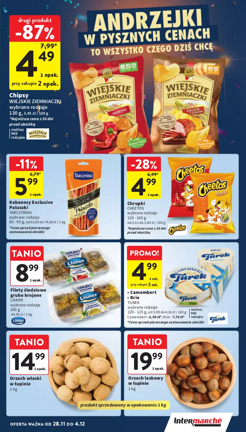 Gazetka promocyjna Intermarche - Gazetka Intermarche - ważna 28.11 do 04.12.2024 - strona 15 - produkty: Brie, Camembert, Cheetos, Chipsy, Chrupki, Kabanos, Lisner, Tarczyński