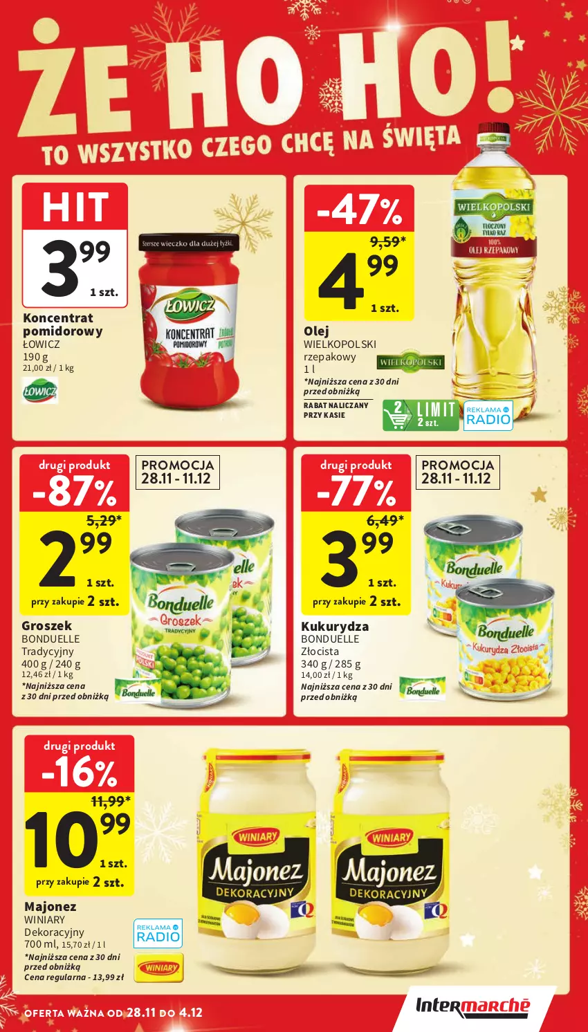 Gazetka promocyjna Intermarche - Gazetka Intermarche - ważna 28.11 do 04.12.2024 - strona 17 - produkty: Bonduelle, Groszek, Koncentrat pomidorowy, Kukurydza, Majonez, Olej, Winiary