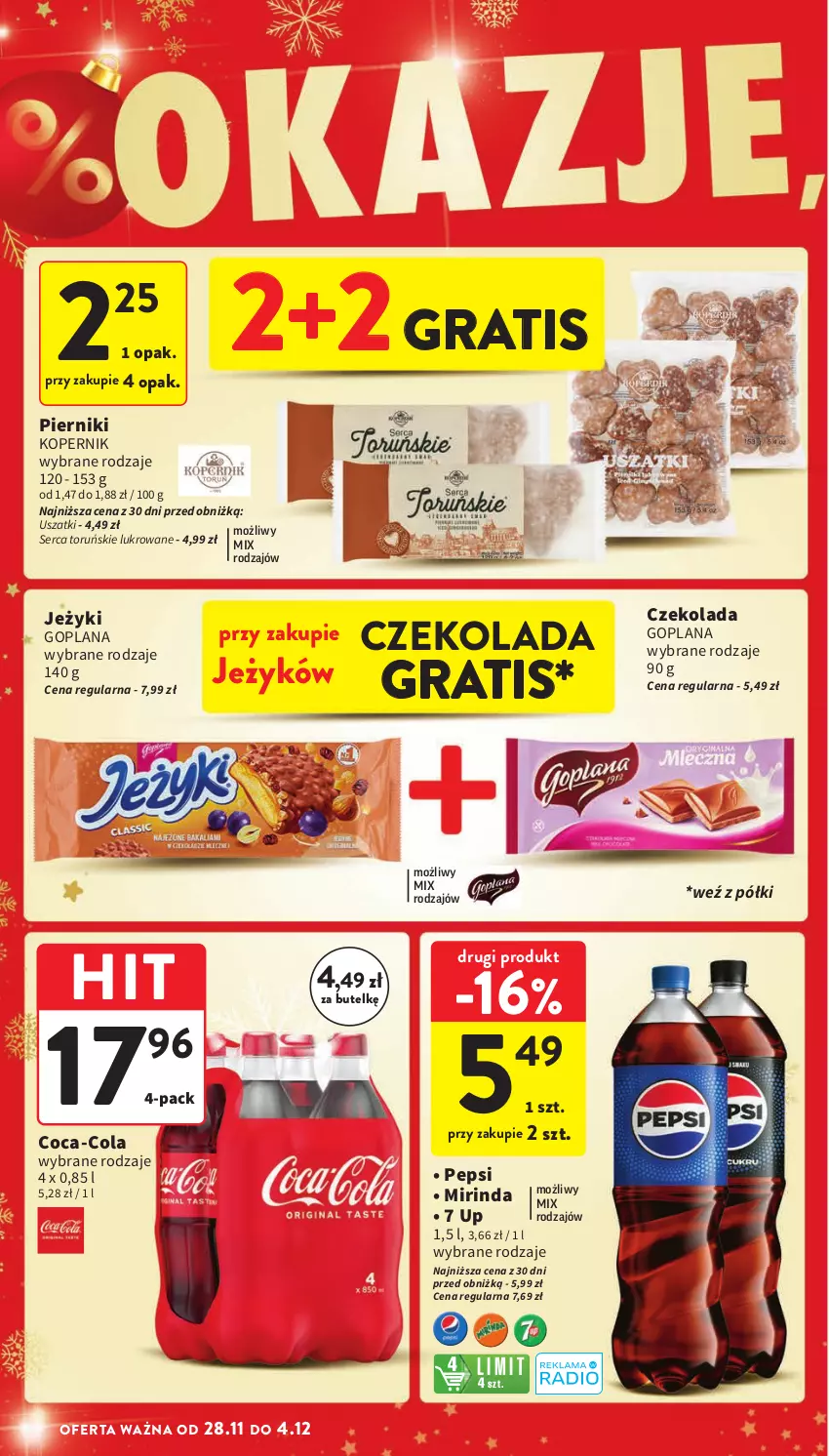 Gazetka promocyjna Intermarche - Gazetka Intermarche - ważna 28.11 do 04.12.2024 - strona 18 - produkty: Coca-Cola, Czekolada, Goplana, Gra, Jeżyki, LANA, Mirinda, Pepsi, Piernik, Ser