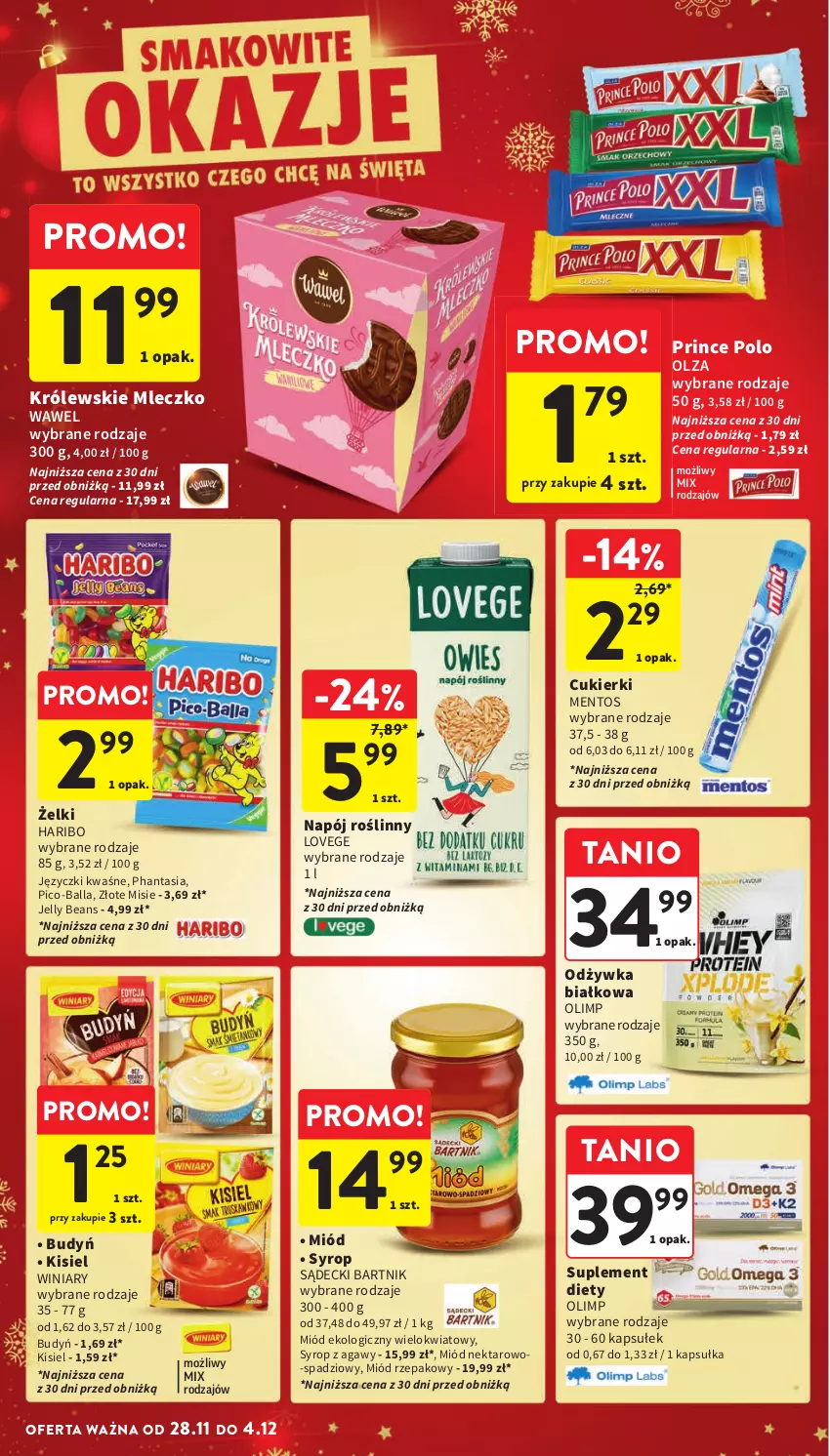 Gazetka promocyjna Intermarche - Gazetka Intermarche - ważna 28.11 do 04.12.2024 - strona 38 - produkty: Budyń, Cukier, Cukierki, Haribo, Jelly beans, Kisiel, Królewski, Królewskie Mleczko, Mentos, Miód, Mleczko, Napój, Napój roślinny, Nektar, Odżywka, Pico-Balla, Prince Polo, Suplement diety, Syrop, Wawel, Winiary