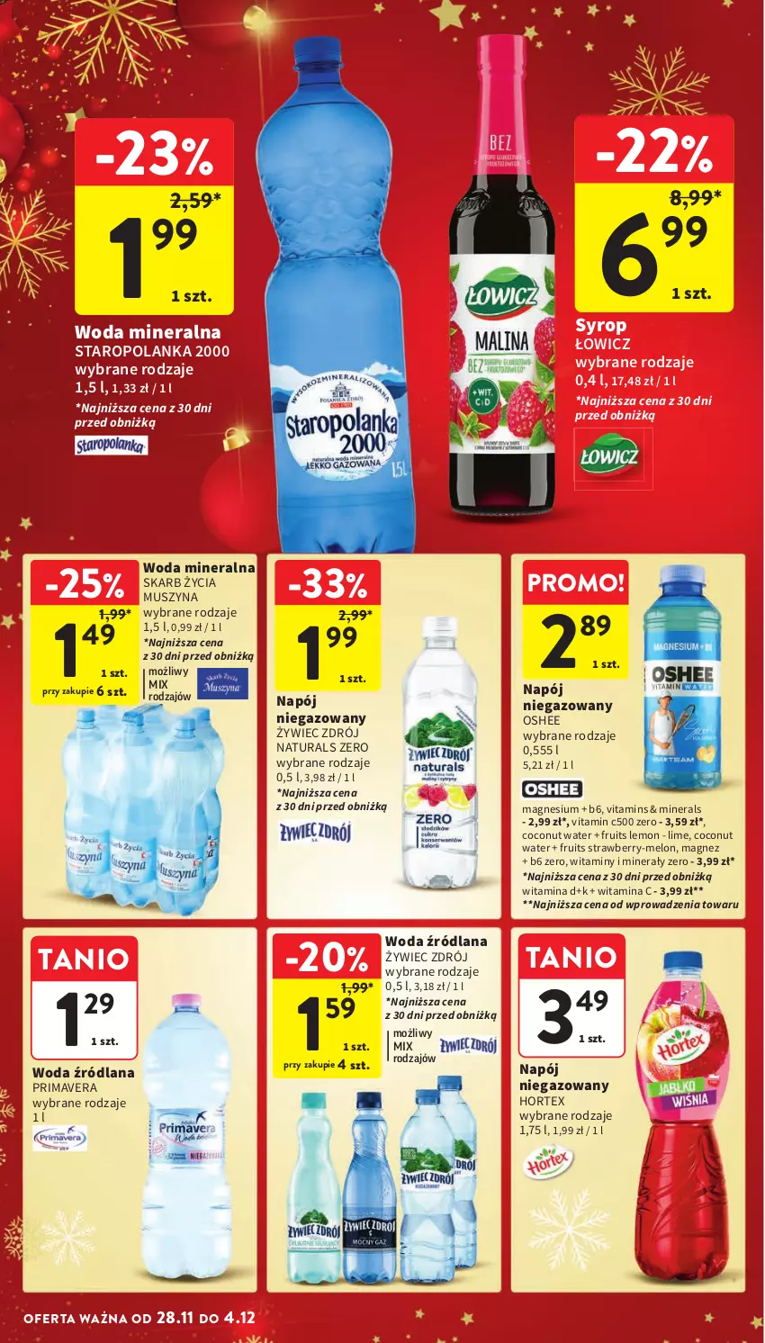 Gazetka promocyjna Intermarche - Gazetka Intermarche - ważna 28.11 do 04.12.2024 - strona 40 - produkty: Hortex, LANA, Magnez, Melon, Mus, Napój, Napój niegazowany, Oshee, Prima, Primavera, Staropolanka, Syrop, Szyna, Woda, Woda mineralna