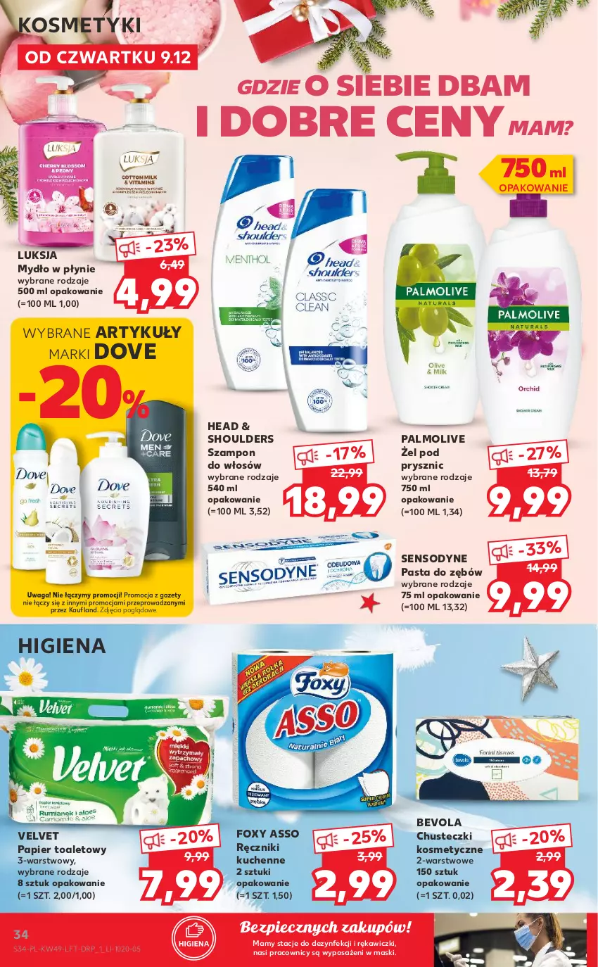 Gazetka promocyjna Kaufland - OFERTA TYGODNIA - ważna 09.12 do 15.12.2021 - strona 34 - produkty: Chusteczki, Chusteczki kosmetyczne, Dove, Foxy, Luksja, Mydło, Mydło w płynie, Palmolive, Papier, Papier toaletowy, Pasta do zębów, Piec, Ręcznik, Sensodyne, Szampon, Velvet, Waga