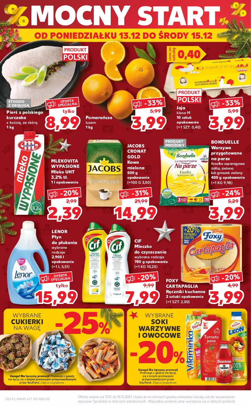 Gazetka promocyjna Kaufland - OFERTA TYGODNIA - ważna 09.12 do 15.12.2021 - strona 52 - produkty: Bonduelle, Cif, Cukier, Cukierki, Fa, Foxy, Groszek, Jacobs, Jaja, Kawa, Kawa mielona, Kurczak, Lenor, Mleczko, Mleko, Mlekovita, Płyn do płukania, Pomarańcze, Ręcznik, Sok, Waga, Warzywa