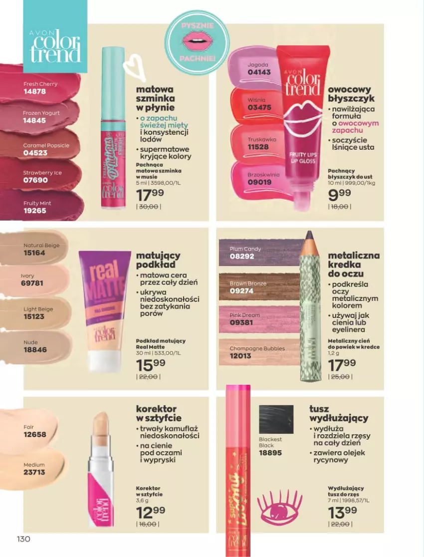 Gazetka promocyjna Avon - Katalog Avon 8/2021 kampania sierpień - ważna 01.08 do 31.08.2021 - strona 126 - produkty: Błyszczyk do ust, Candy, Cień, Frozen, Inka, Kredka, Mus, Olej, Podkład, Podkład matujący, Por, Szminka, Tusz