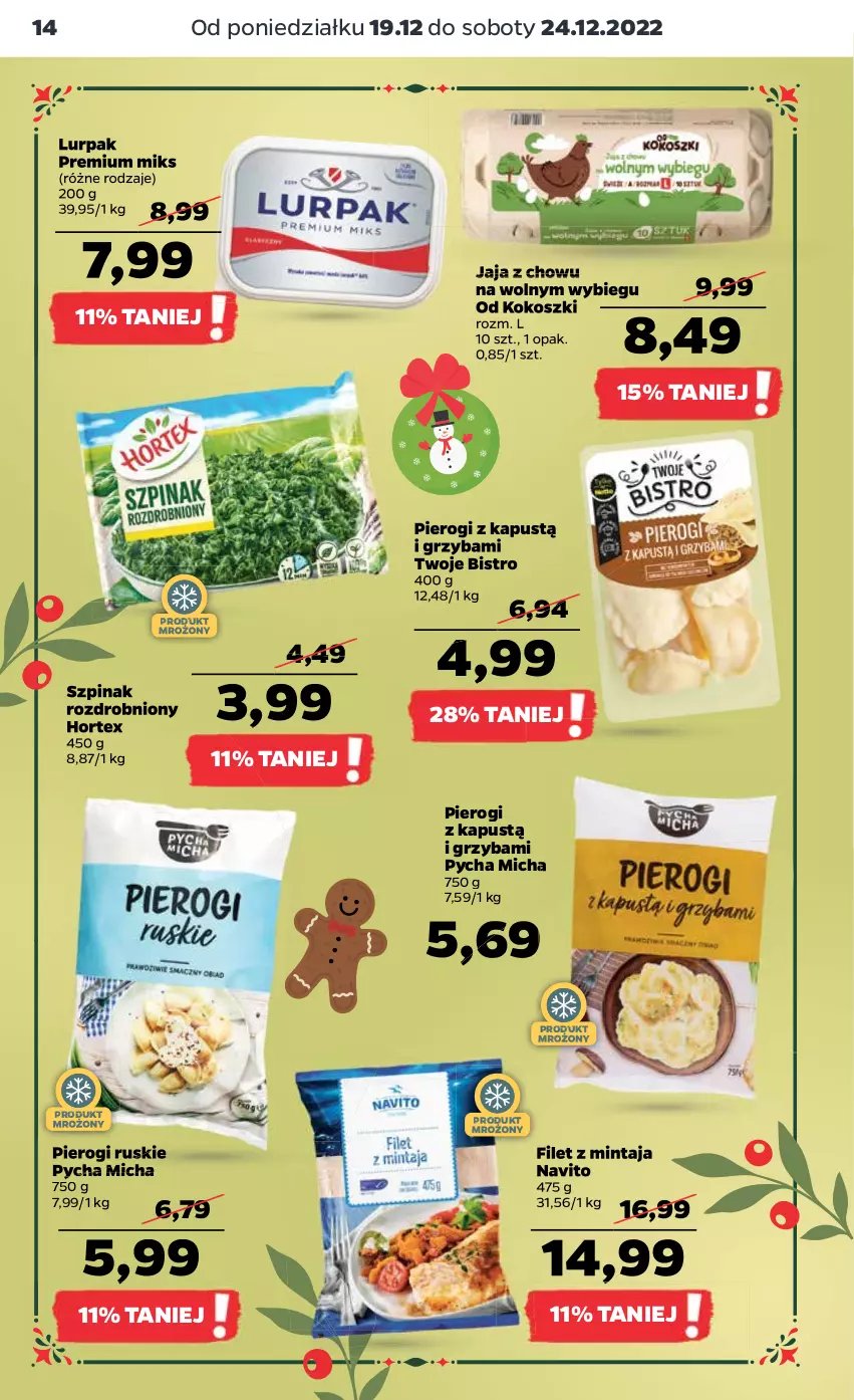 Gazetka promocyjna Netto - Artykuły spożywcze - ważna 19.12 do 24.12.2022 - strona 14 - produkty: Filet z mintaja, Hortex, Jaja, Kapustą, Kokos, Kosz, Lurpak, Mintaj, Pierogi, Szpinak