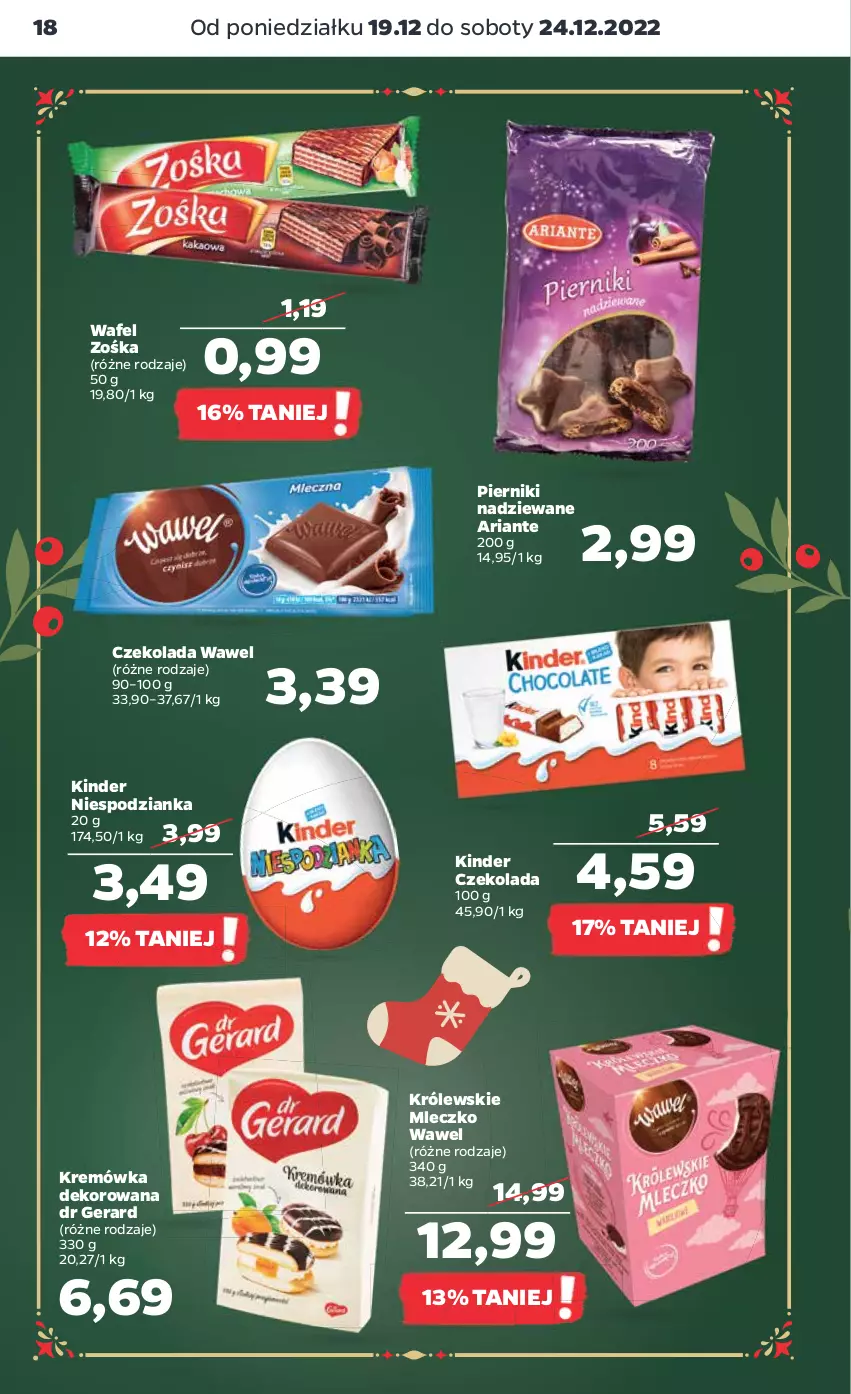 Gazetka promocyjna Netto - Artykuły spożywcze - ważna 19.12 do 24.12.2022 - strona 18 - produkty: Czekolada, Dr Gerard, Kinder, Kremówka, Królewski, Królewskie Mleczko, Mleczko, Piernik, Wawel