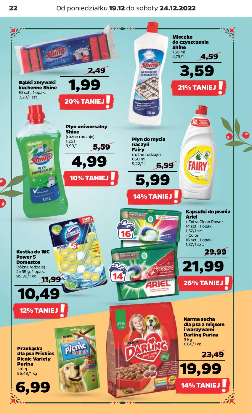 Gazetka promocyjna Netto - Artykuły spożywcze - ważna 19.12 do 24.12.2022 - strona 22 - produkty: Ariel, Do mycia naczyń, Domestos, Fa, Fairy, Friskies, Kapsułki do prania, Kostka do wc, Mleczko, Płyn do mycia, Płyn do mycia naczyń, Pur, Purina, Warzywa, Zmywaki kuchenne