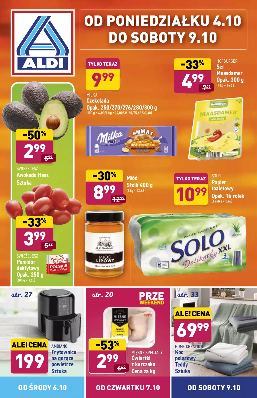 Gazetka promocyjna Aldi - ważna 04.10 do 09.10.2021 - strona 1 - produkty: Burger, Czekolada, Hofburger, Koc, Kurczak, Maasdam, Mięsne specjały, Milka, Miód, Papier, Papier toaletowy, Ser, Tera