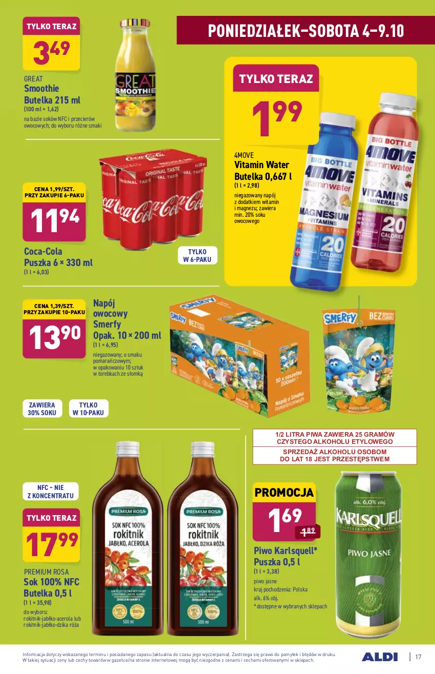 Gazetka promocyjna Aldi - ważna 04.10 do 09.10.2021 - strona 17 - produkty: Acer, Coca-Cola, Dzika róża, Gra, Karlsquell, Magnez, Napój, Piwa, Piwo, Piwo jasne, Róża, Smoothie, Sok, Tera, Torebka