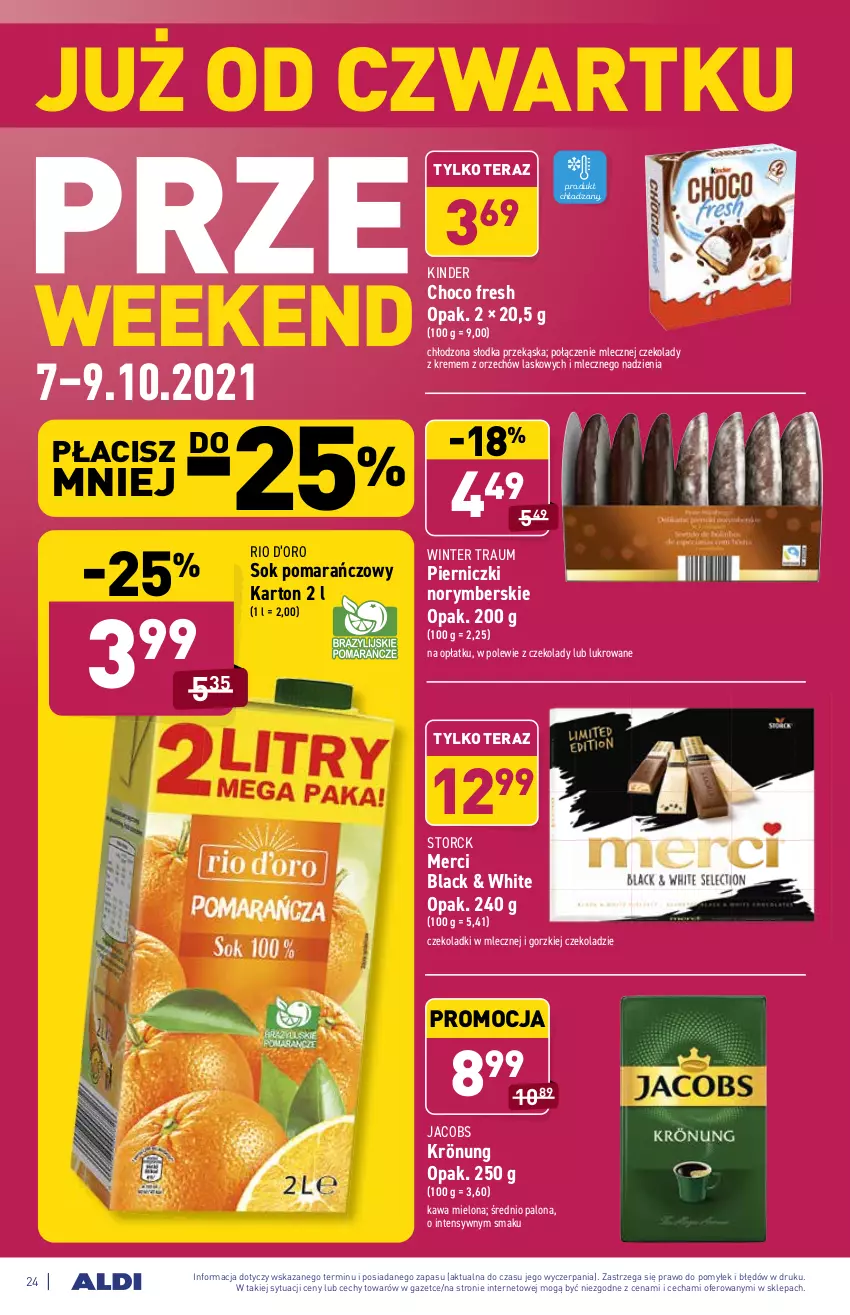 Gazetka promocyjna Aldi - ważna 04.10 do 09.10.2021 - strona 24 - produkty: Jacobs, Jacobs Krönung, Kawa, Kawa mielona, Kinder, Lack, Merci, Sok, Sok pomarańczowy, Tera