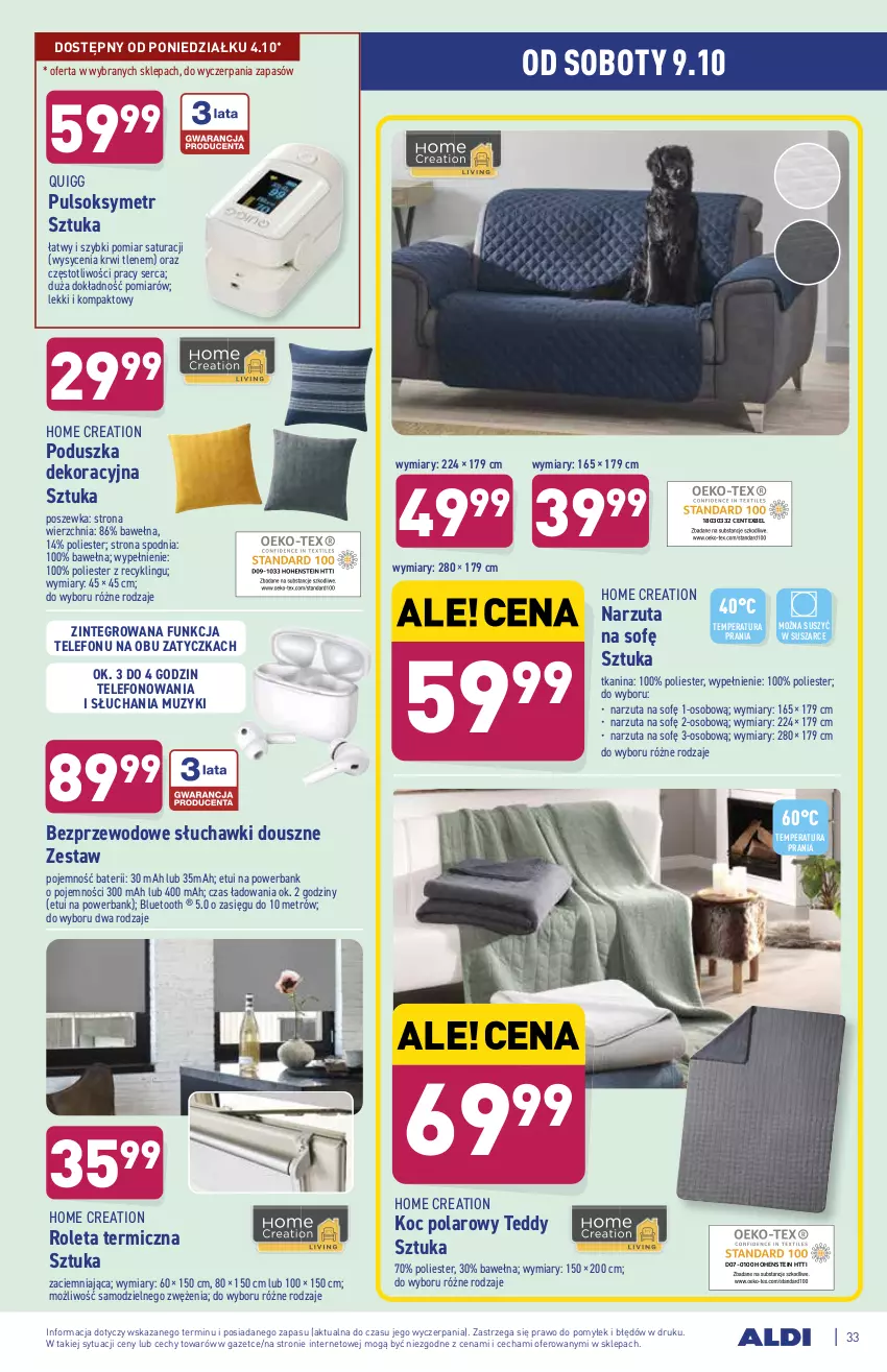 Gazetka promocyjna Aldi - ważna 04.10 do 09.10.2021 - strona 33 - produkty: Koc, Narzuta, Poduszka, Poduszka dekoracyjna, Poszewka, Powerbank, Pulsoksymetr, Roleta, Ser, Słuchawki, Sok, Telefon, Wełna