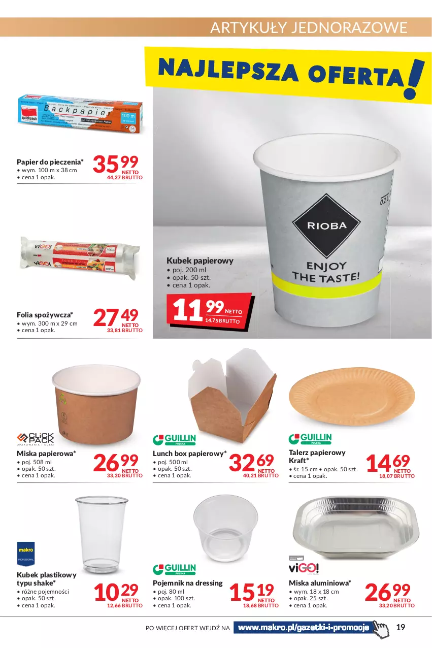 Gazetka promocyjna Makro - [Oferta promocyjna] Artykuły spożywcze i przemysłowe - ważna 31.05 do 13.06.2022 - strona 19 - produkty: Dres, Kubek, Kubek papierowy, Lunch box, Miska, Papier, Papier do pieczenia, Piec, Pojemnik, Talerz, Talerz papierowy