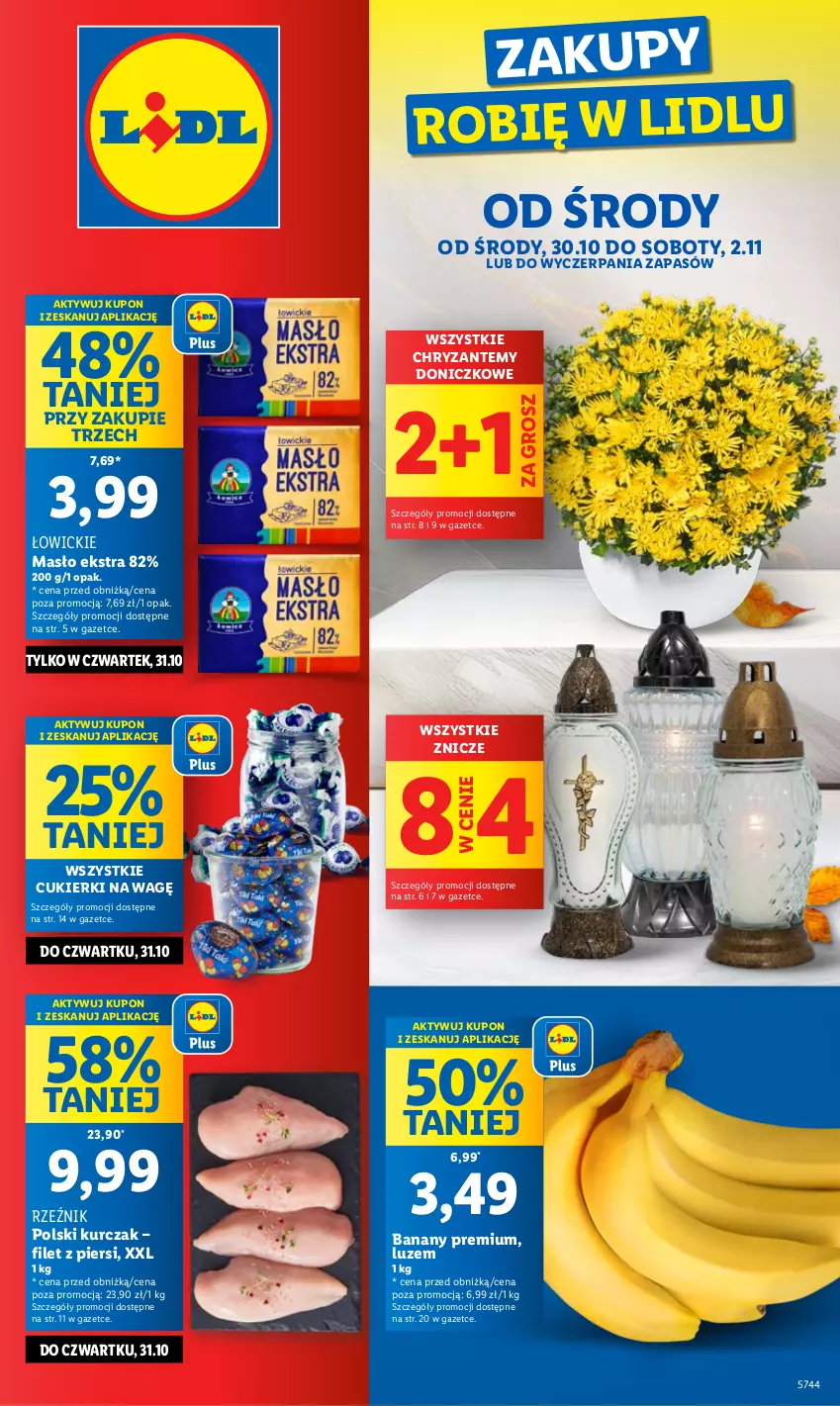 Gazetka promocyjna Lidl - GAZETKA - ważna 30.10 do 02.11.2024 - strona 1 - produkty: Banany, Cukier, Cukierki, Kurczak, Masło, Znicz