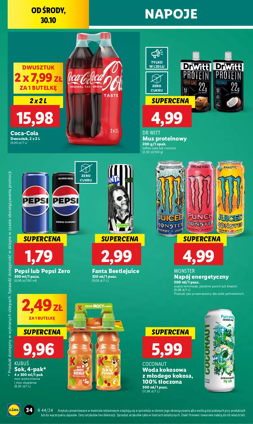 Gazetka promocyjna Lidl - GAZETKA - ważna 30.10 do 02.11.2024 - strona 44 - produkty: Coca-Cola, Fa, Fanta, Kokos, Kubuś, Mus, Napój, Napój energetyczny, Napoje, Pepsi, Sok, Woda