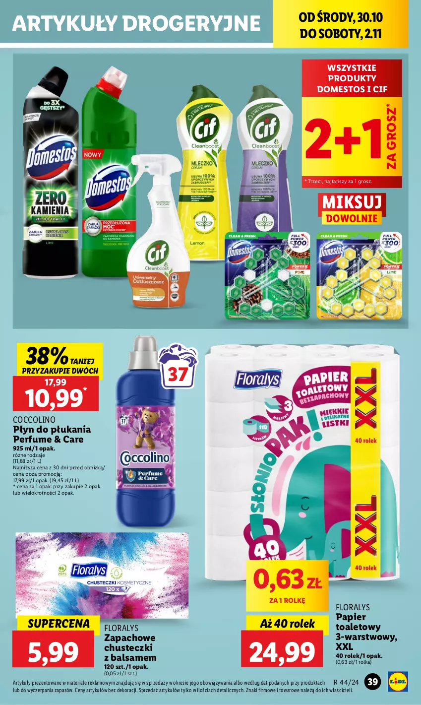 Gazetka promocyjna Lidl - GAZETKA - ważna 30.10 do 02.11.2024 - strona 49 - produkty: Chusteczki, Cif, Coccolino, Domestos, Flora, Papier, Papier toaletowy, Perfum, Płyn do płukania