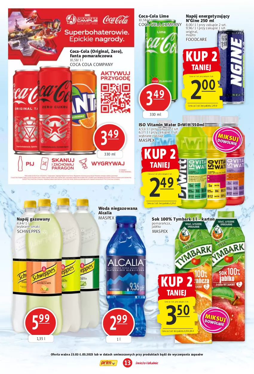 Gazetka promocyjna Prim Market - ważna 23.02 do 01.03.2023 - strona 13 - produkty: Coca-Cola, Fa, Fanta, Gin, Napój, Napój gazowany, Schweppes, Sok, Tymbark, Woda, Woda niegazowana