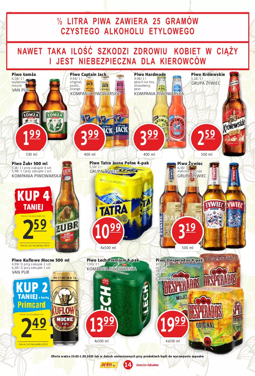 Gazetka promocyjna Prim Market - ważna 23.02 do 01.03.2023 - strona 14 - produkty: Captain Jack, Desperados, Gin, Ice tea, Królewski, Lech Premium, Piwo, Pur, Tatra