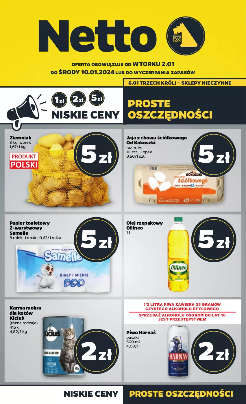 Gazetka promocyjna Netto - Artykuły spożywcze - ważna 02.01 do 10.01.2024 - strona 1 - produkty: Gra, Harnaś, Jaja, Karma mokra dla kotów, Kokos, Kosz, Olej, Olej rzepakowy, Papier, Papier toaletowy, Piwa, Piwo