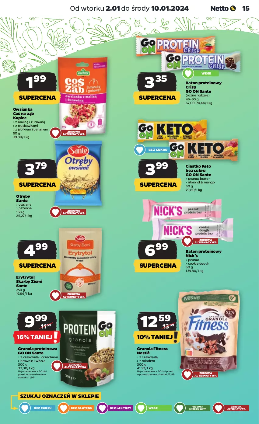 Gazetka promocyjna Netto - Artykuły spożywcze - ważna 02.01 do 10.01.2024 - strona 15 - produkty: Baton, Brownie, Gra, Granola, Kupiec, Mango, Nestlé, Owsianka, Piec, Sante