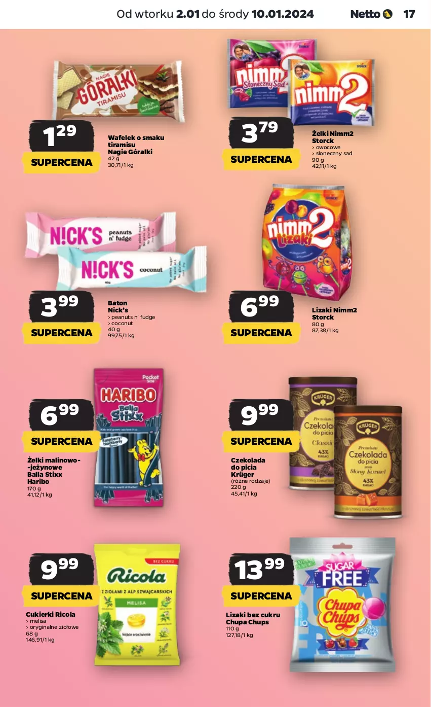 Gazetka promocyjna Netto - Artykuły spożywcze - ważna 02.01 do 10.01.2024 - strona 17 - produkty: Baton, Chupa Chups, Cukier, Cukierki, Czekolada, Gin, Góralki, Haribo, Lizaki, Nimm2, Wafelek