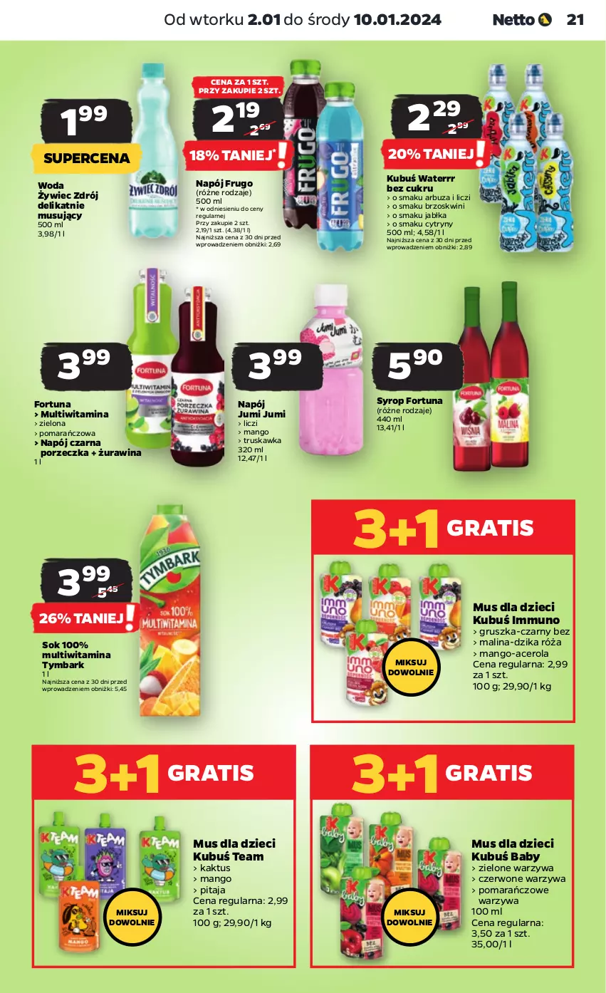 Gazetka promocyjna Netto - Artykuły spożywcze - ważna 02.01 do 10.01.2024 - strona 21 - produkty: Acer, Arbuz, Cytryny, Dzieci, Dzika róża, Fortuna, Gra, Jabłka, Kaktus, Kubuś, Kubuś Waterrr, Liczi, Mango, Mus, Napój, Por, Róża, Sok, Syrop, Tymbark, Warzywa, Woda