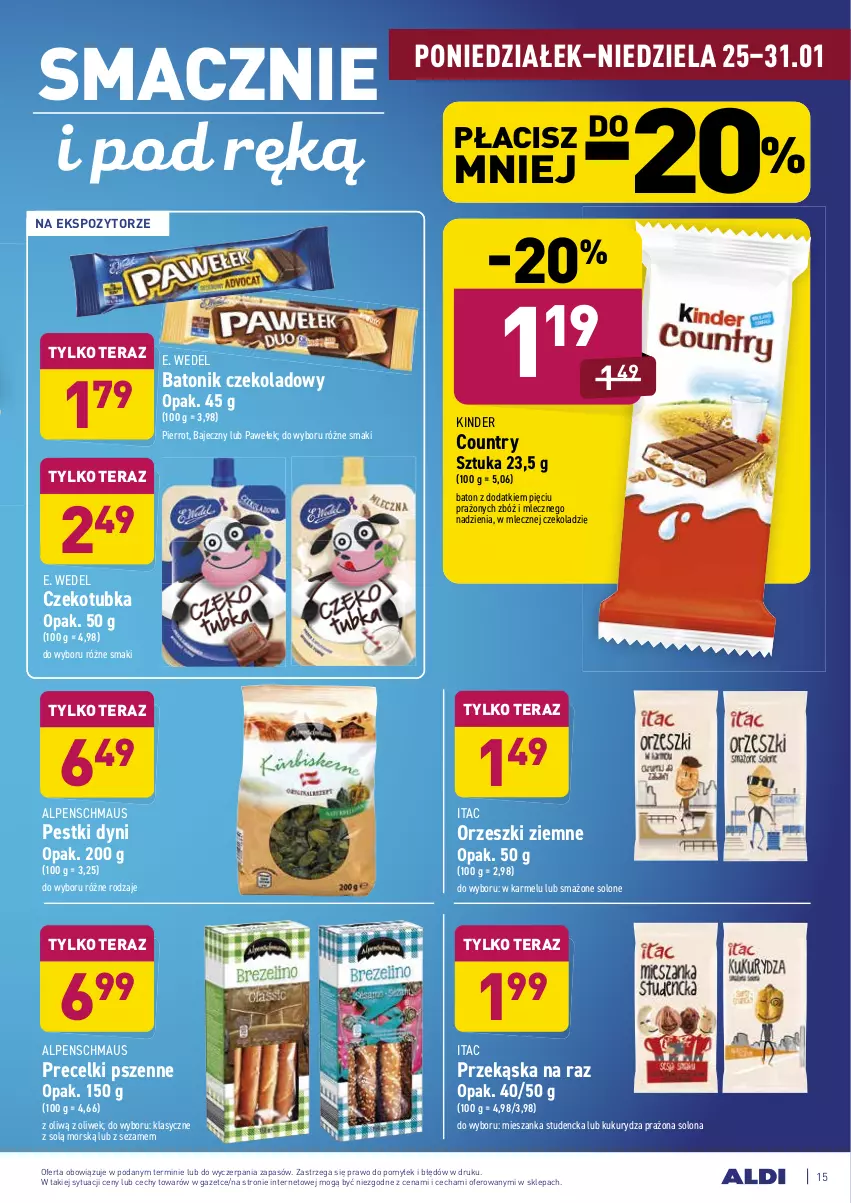 Gazetka promocyjna Aldi - ALE! CENA w ALDI - ważna 25.01 do 31.01.2021 - strona 15 - produkty: Baton, E. Wedel, Kinder, Kukurydza, Mieszanka studencka, Orzeszki, Orzeszki ziemne, Pestki dyni, Precelki, Sezam, Tera, Tonik