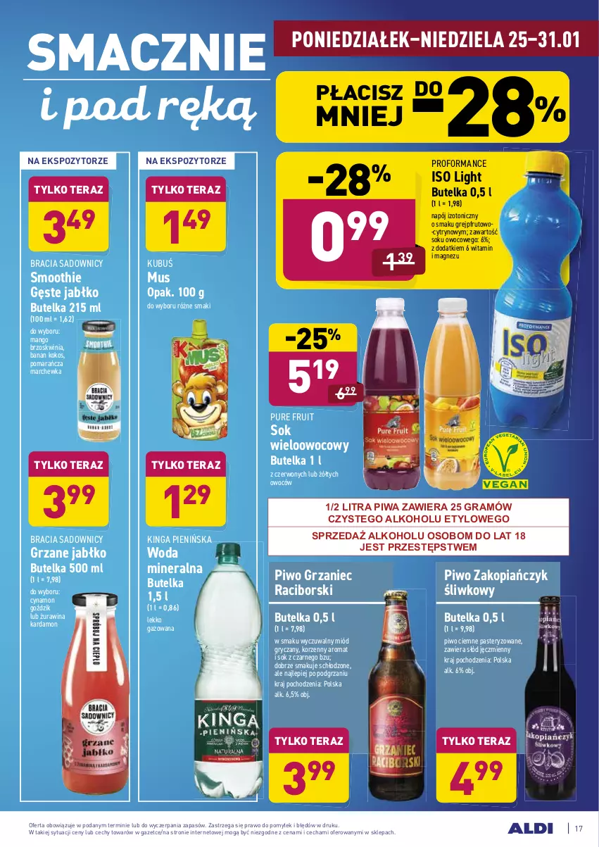 Gazetka promocyjna Aldi - ALE! CENA w ALDI - ważna 25.01 do 31.01.2021 - strona 17 - produkty: Gra, Grejpfrut, Gry, Kokos, Kubuś, Magnez, Mango, Marchewka, Miód, Mus, Napój, Napój izotoniczny, Piwa, Piwo, Pur, Smoothie, Sok, Sok z czarnego bzu, Tera, Woda, Woda mineralna