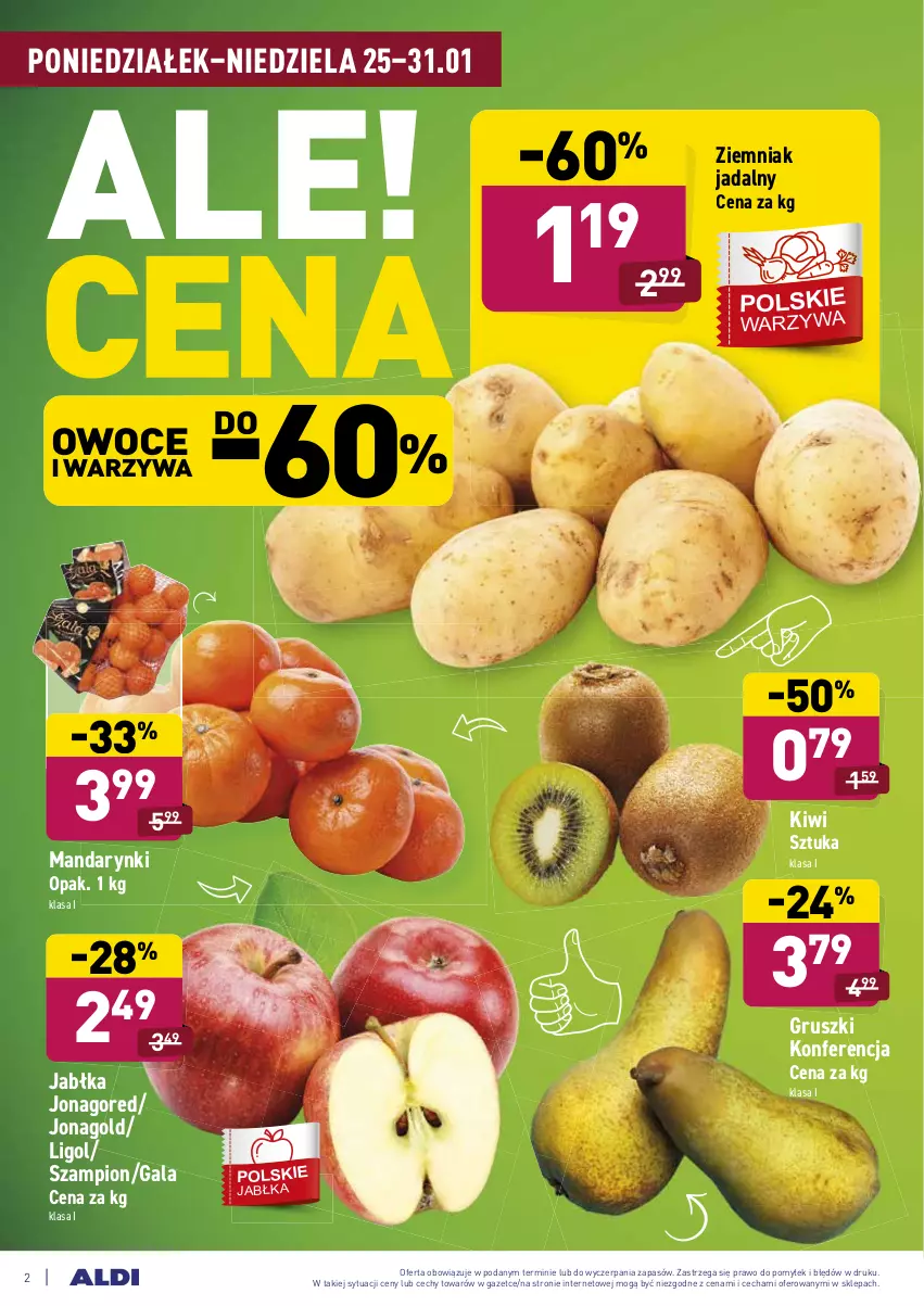 Gazetka promocyjna Aldi - ALE! CENA w ALDI - ważna 25.01 do 31.01.2021 - strona 2 - produkty: Gala, Gruszki, Jabłka, Jonagold, Kiwi, Ligol, Mandarynki, Owoce, Szampion, Warzywa