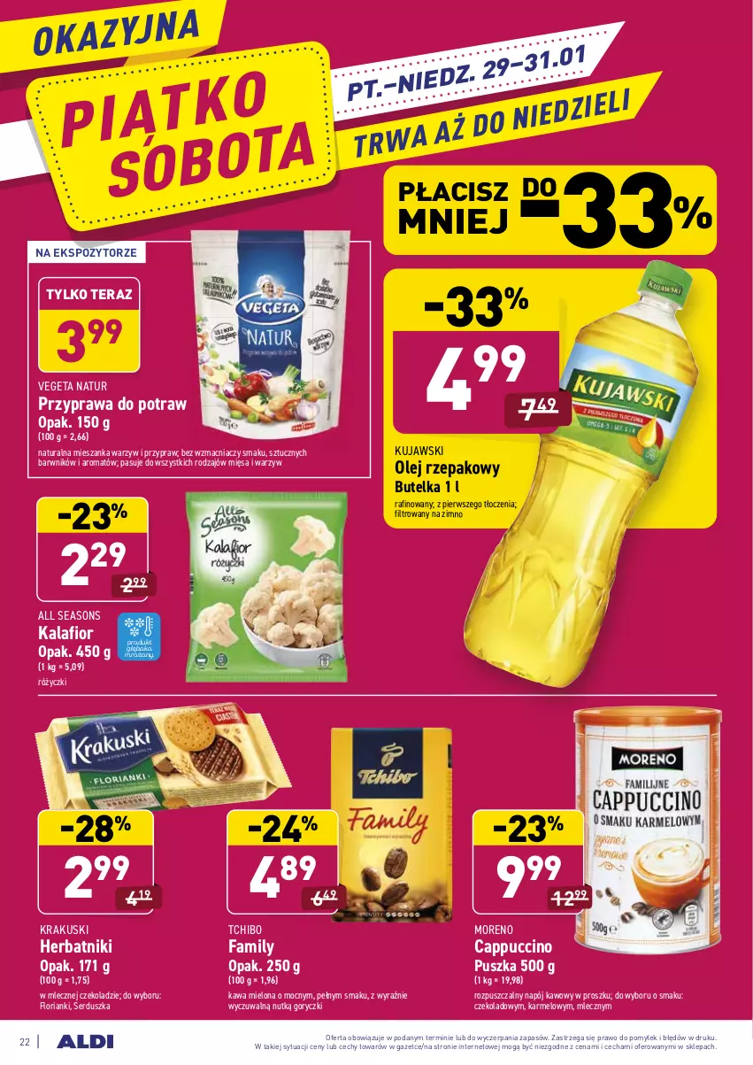 Gazetka promocyjna Aldi - ALE! CENA w ALDI - ważna 25.01 do 31.01.2021 - strona 22 - produkty: All Seasons, Cappuccino, Fa, Herbatniki, Kalafior, Kawa, Kawa mielona, Krakus, Krakuski, Kujawski, Mieszanka warzyw, Napój, Olej, Olej rzepakowy, Przyprawa do potraw, Ser, Tchibo, Tera, Vegeta, Vegeta Natur