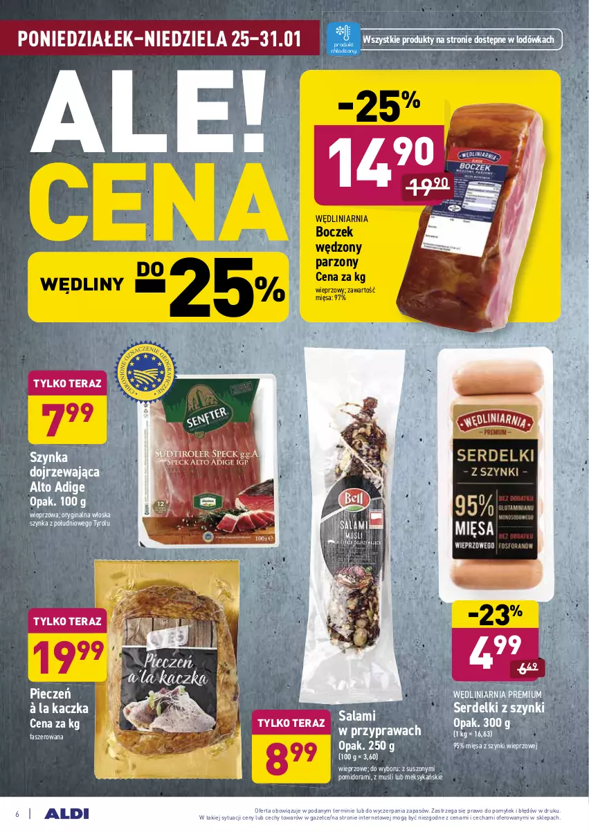 Gazetka promocyjna Aldi - ALE! CENA w ALDI - ważna 25.01 do 31.01.2021 - strona 6 - produkty: Boczek, Fa, Gin, Kaczka, Lodówka, Mus, Piec, Salami, Ser, Serdelki, Szynka, Tera