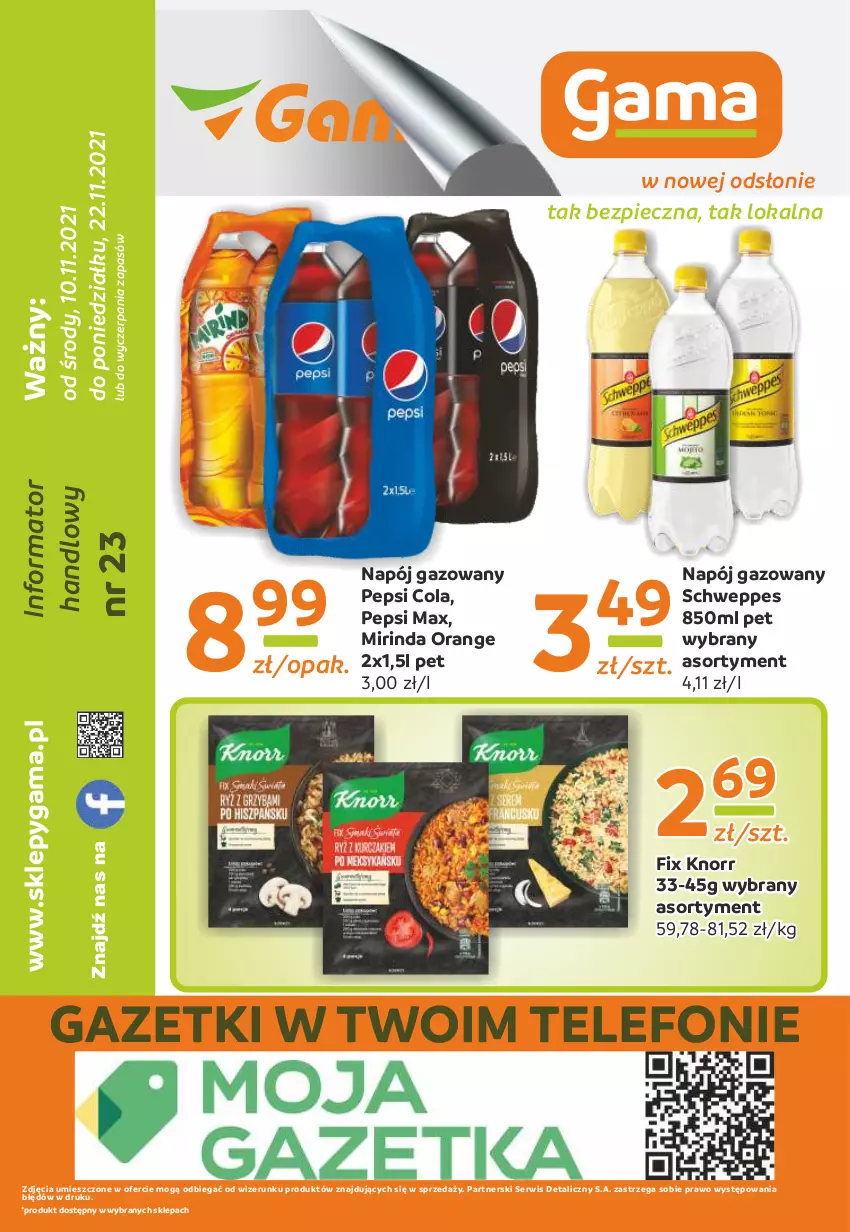 Gazetka promocyjna Gama - Gazetka Gama - ważna 10.11 do 22.11.2021 - strona 12 - produkty: Knorr, Mirinda, Napój, Napój gazowany, Pepsi, Pepsi max, Piec, Schweppes, Ser, Telefon