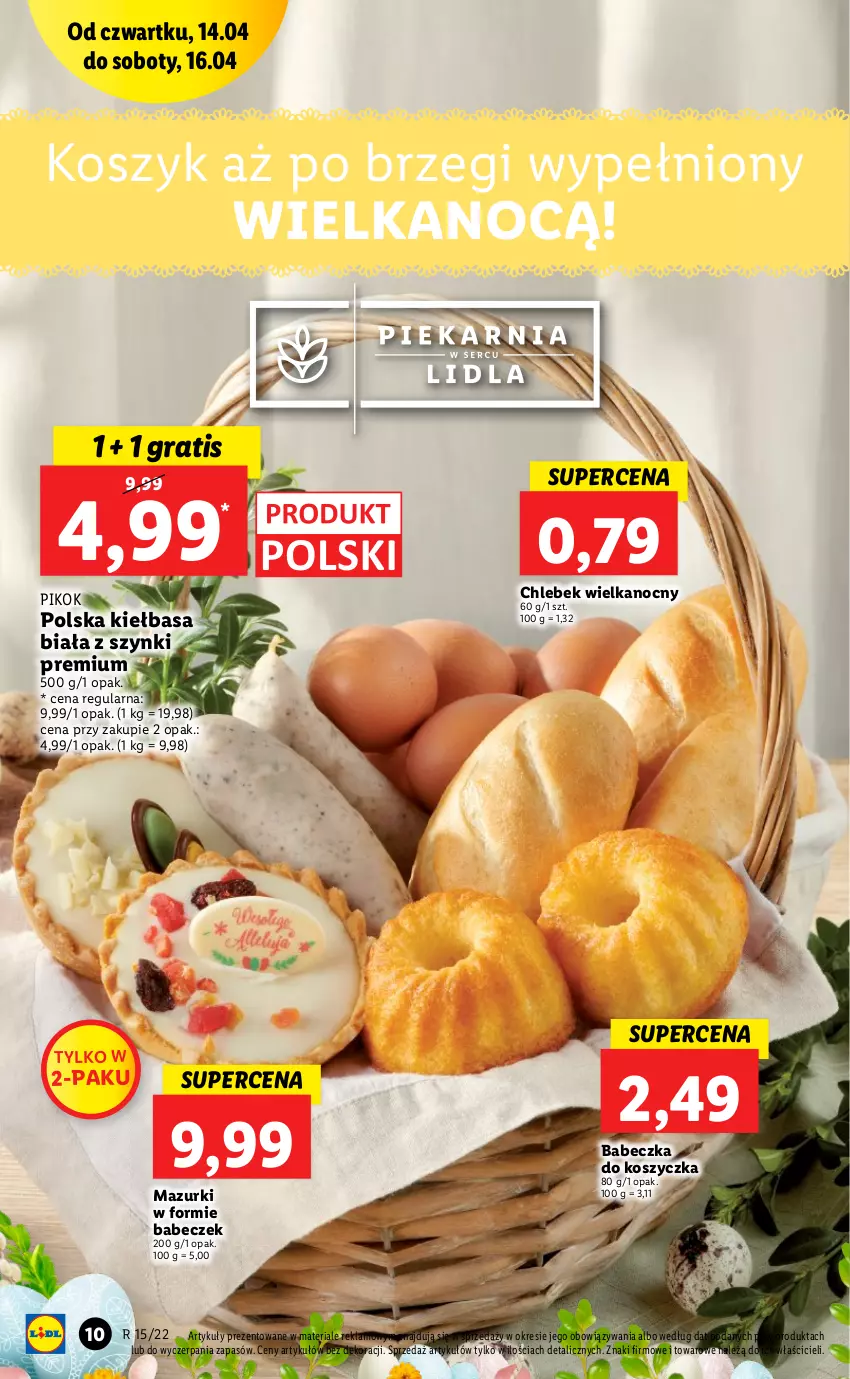 Gazetka promocyjna Lidl - GAZETKA - ważna 14.04 do 16.04.2022 - strona 10 - produkty: Chleb, Gra, Kiełbasa, Kiełbasa biała, Kosz, PIKOK