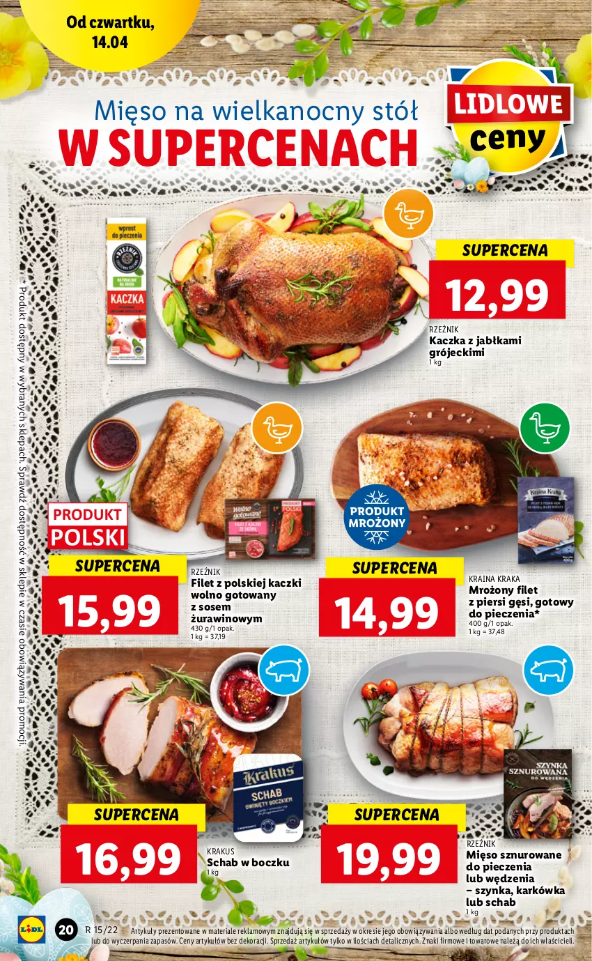 Gazetka promocyjna Lidl - GAZETKA - ważna 14.04 do 16.04.2022 - strona 20 - produkty: Filet z piersi gęsi, Jabłka, Kaczka, Krakus, Mięso, Piec, Sos, Stół, Szynka, Wino