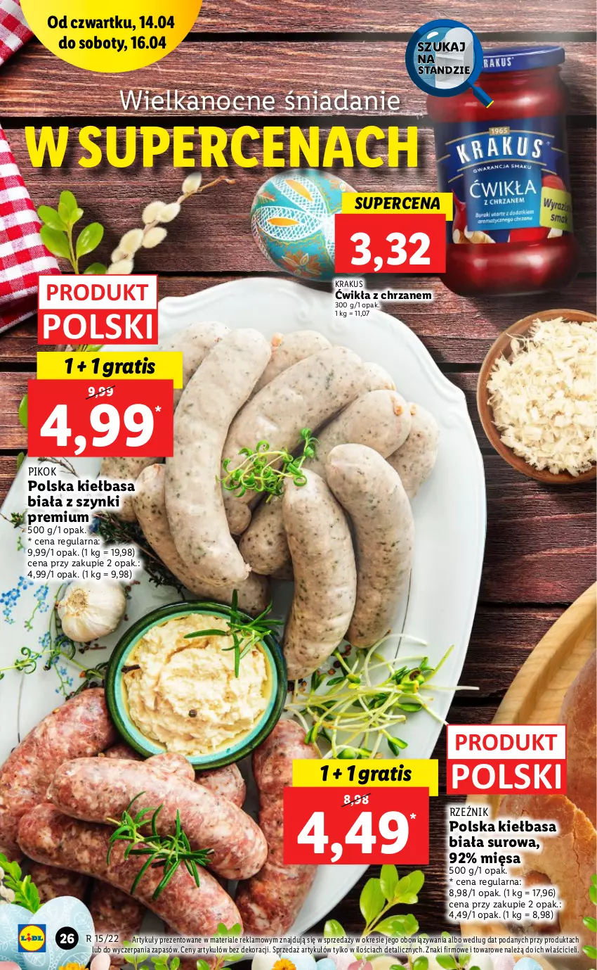 Gazetka promocyjna Lidl - GAZETKA - ważna 14.04 do 16.04.2022 - strona 26 - produkty: Chrzan, Gra, Kiełbasa, Kiełbasa biała, Krakus, PIKOK