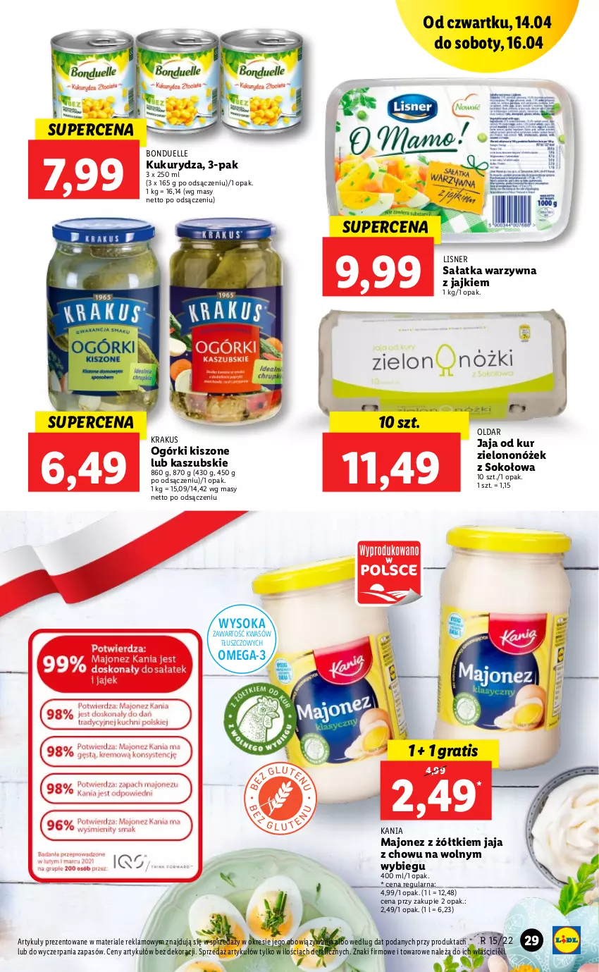 Gazetka promocyjna Lidl - GAZETKA - ważna 14.04 do 16.04.2022 - strona 29 - produkty: Bonduelle, Gra, Jaja, Krakus, Kukurydza, Lisner, Majonez, Omega-3, Sałat, Sałatka, Sałatka warzywna, Sok