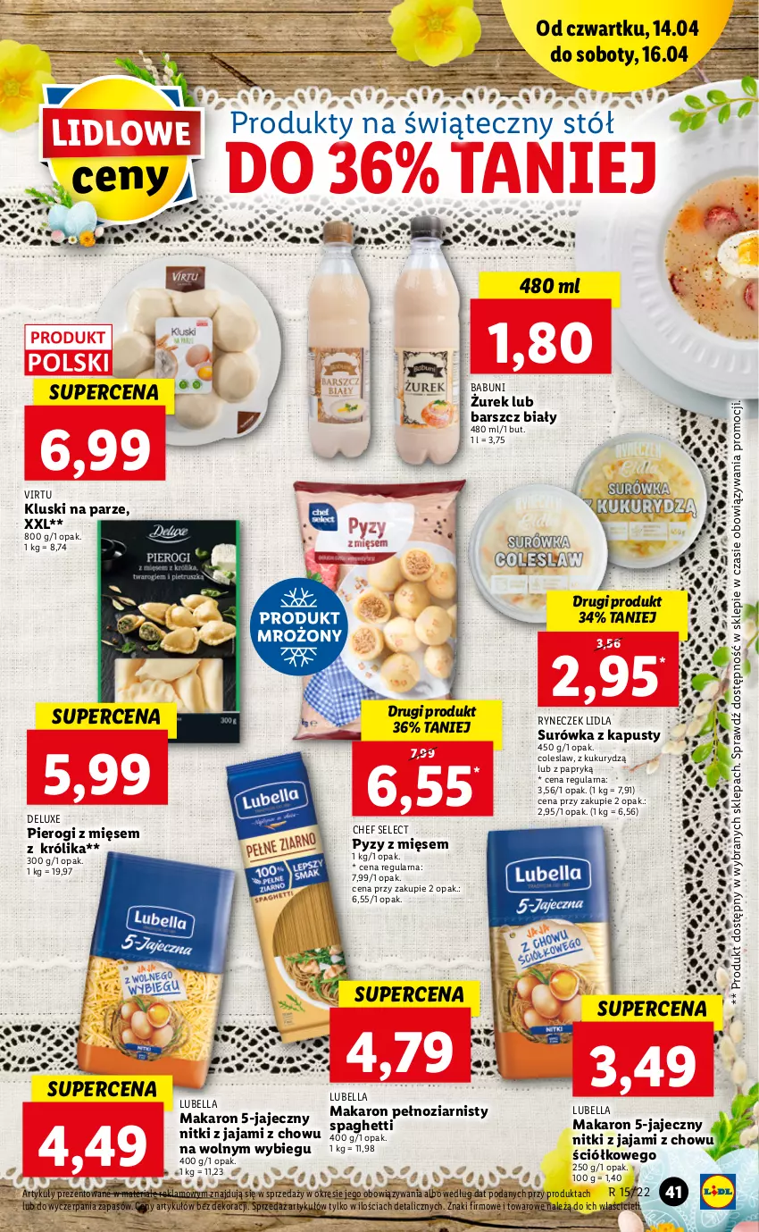 Gazetka promocyjna Lidl - GAZETKA - ważna 14.04 do 16.04.2022 - strona 41 - produkty: Babuni, Bell, Bella, Jaja, Kluski na parze, Królik, Lubella, Makaron, Pierogi, Spaghetti, Stół, Surówka, Virtu