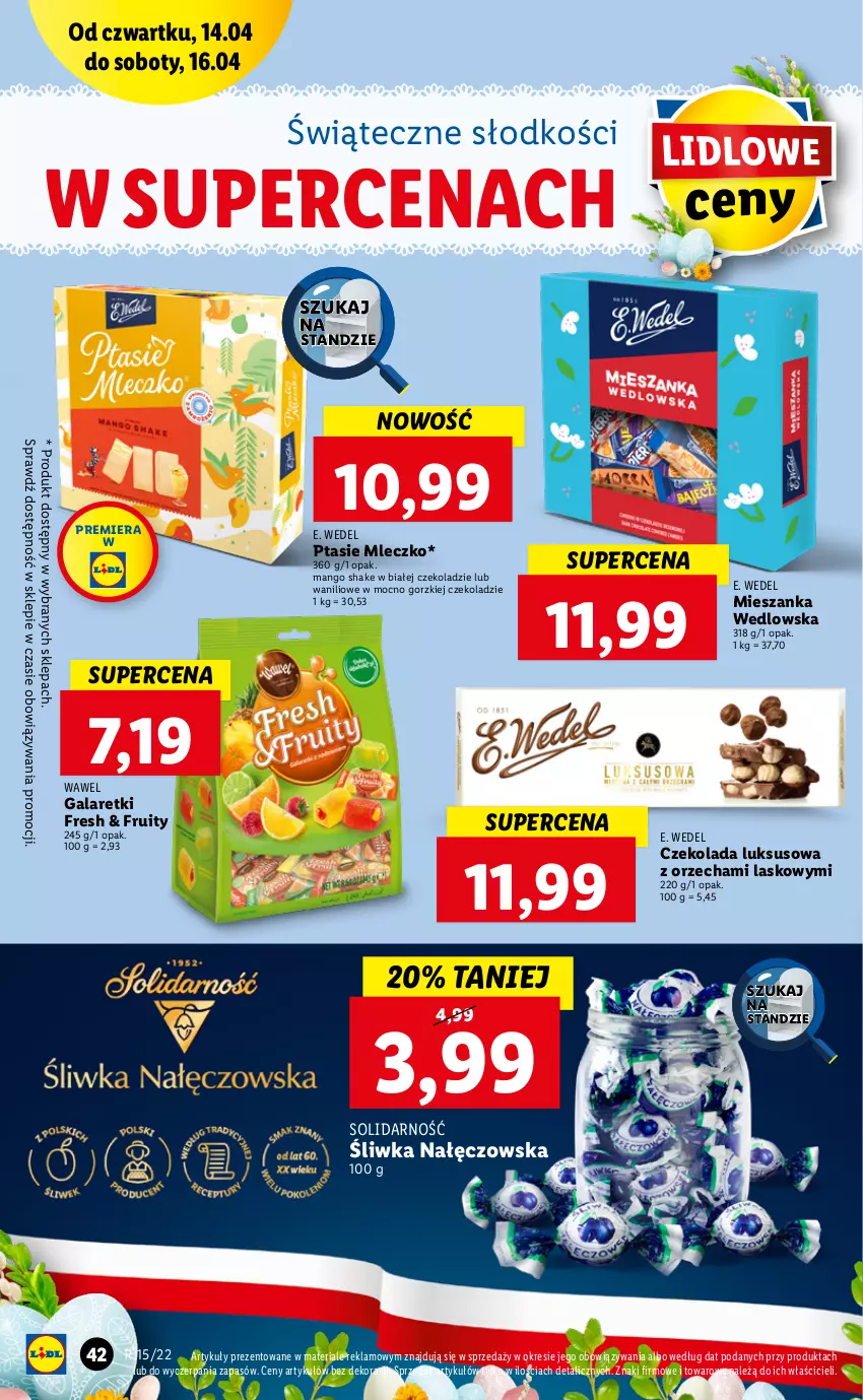 Gazetka promocyjna Lidl - GAZETKA - ważna 14.04 do 16.04.2022 - strona 42 - produkty: Czekolada, E. Wedel, Gala, Galaretki, Mango, Mieszanka wedlowska, Mleczko, Ptasie mleczko, Wawel