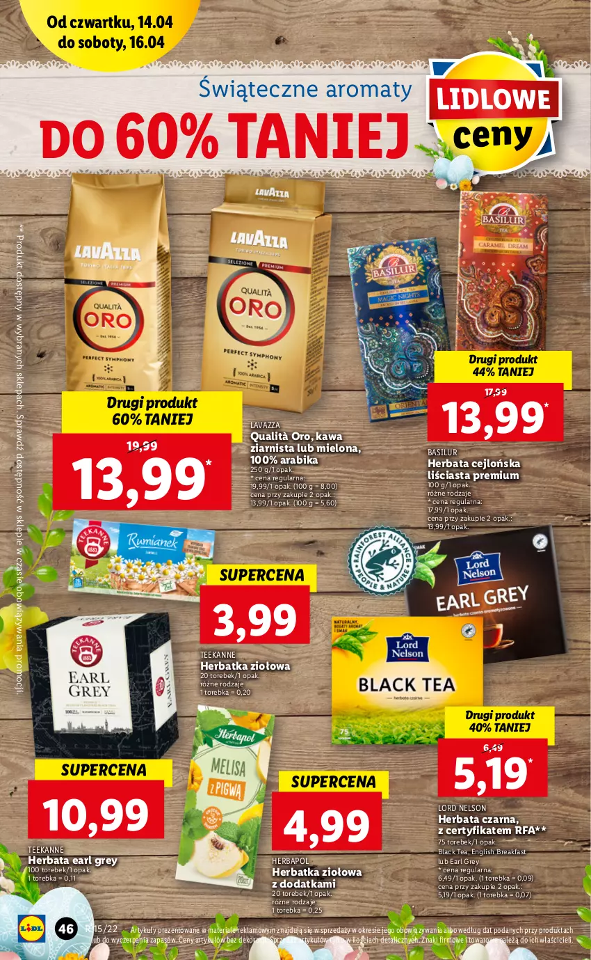 Gazetka promocyjna Lidl - GAZETKA - ważna 14.04 do 16.04.2022 - strona 46 - produkty: Earl Grey, Fa, Herbapol, Herbata, Herbata czarna, Kawa, Kawa ziarnista, Lack, Lavazza, Teekanne, Torebka