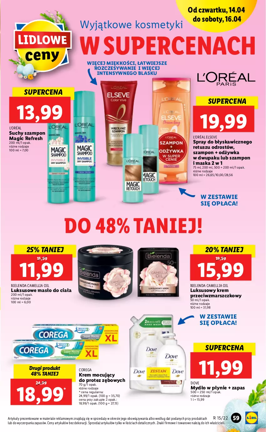 Gazetka promocyjna Lidl - GAZETKA - ważna 14.04 do 16.04.2022 - strona 59 - produkty: Bielenda, Corega, Dove, Elseve, Krem przeciwzmarszczkowy, L’Oréal, Mars, Maska, Masło, Masło do ciała, Mydło, Mydło w płynie, Odżywka, Suchy szampon, Szampon, Tusz