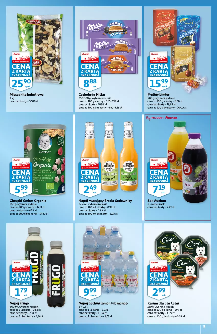 Gazetka promocyjna Auchan - Skarbonka#20 - ważna 19.05 do 28.05.2022 - strona 3 - produkty: Chrupki, Czekolada, Gerber, Gra, Lindor, Mango, Mieszanka bakaliowa, Milka, Mus, Napój, Napój musujący, Praliny, Sok