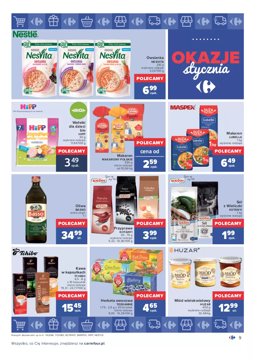 Gazetka promocyjna Carrefour - Gazetka Carrefour Okazje stycznia - ważna 03.01 do 31.01.2022 - strona 9 - produkty: Bell, Bella, Dzieci, Gin, Herbata, Herbata owocowa, HiPP, Kawa, Kotányi, Lubella, Makaron, Miód, Nestlé, Owsianka, Sól, Tchibo, Teekanne