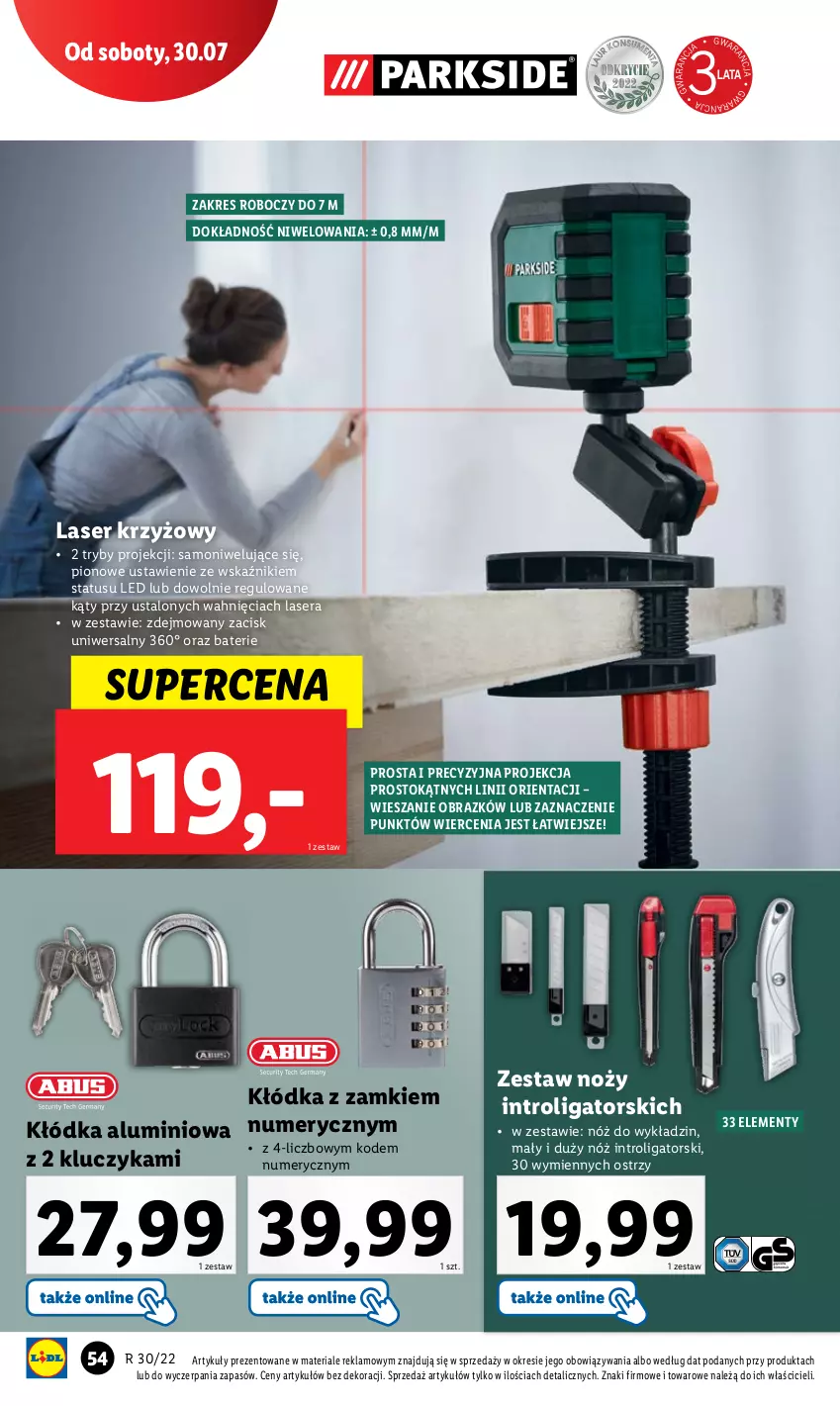 Gazetka promocyjna Lidl - GAZETKA - ważna 25.07 do 30.07.2022 - strona 56 - produkty: Kłódka, Laser krzyżowy, Noż, Obraz, Ser