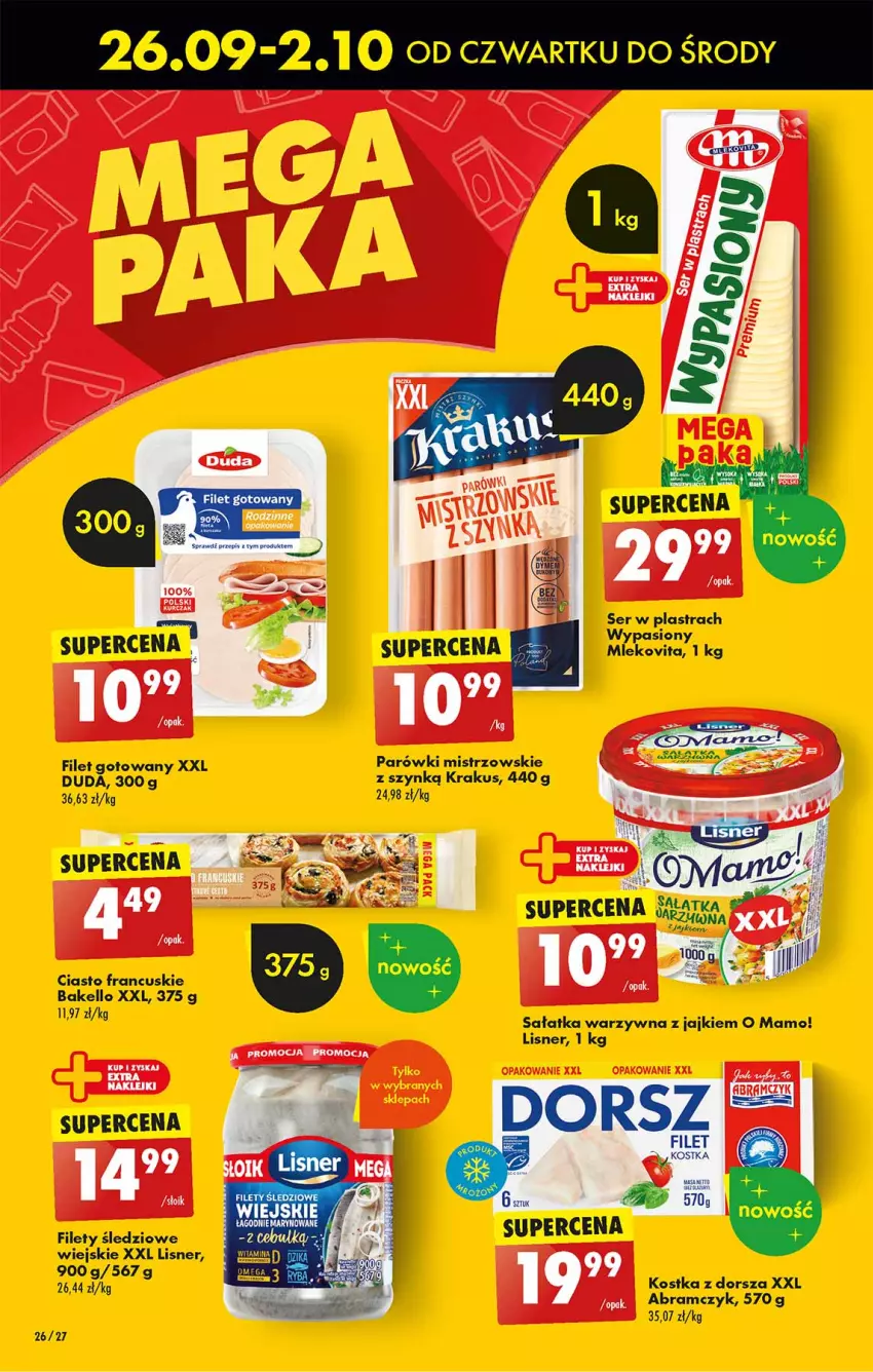 Gazetka promocyjna Biedronka - Od czwartku - ważna 26.09 do 02.10.2024 - strona 26 - produkty: Ciasto francuskie, Dorsz, Duda, Fa, Krakus, Lisner, Parówki, Sałat, Sałatka, Sałatka warzywna, Ser