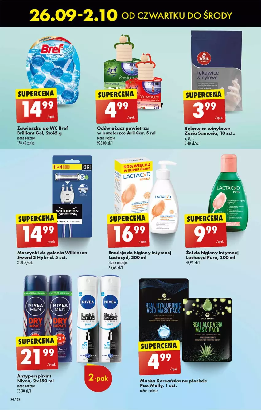 Gazetka promocyjna Biedronka - Od czwartku - ważna 26.09 do 02.10.2024 - strona 54 - produkty: Aloe vera, Antyperspirant, Bref, Emulsja, Lactacyd, Maska, Nivea, Odświeżacz powietrza, Pax, Pur, Rękawice, Zawieszka do wc