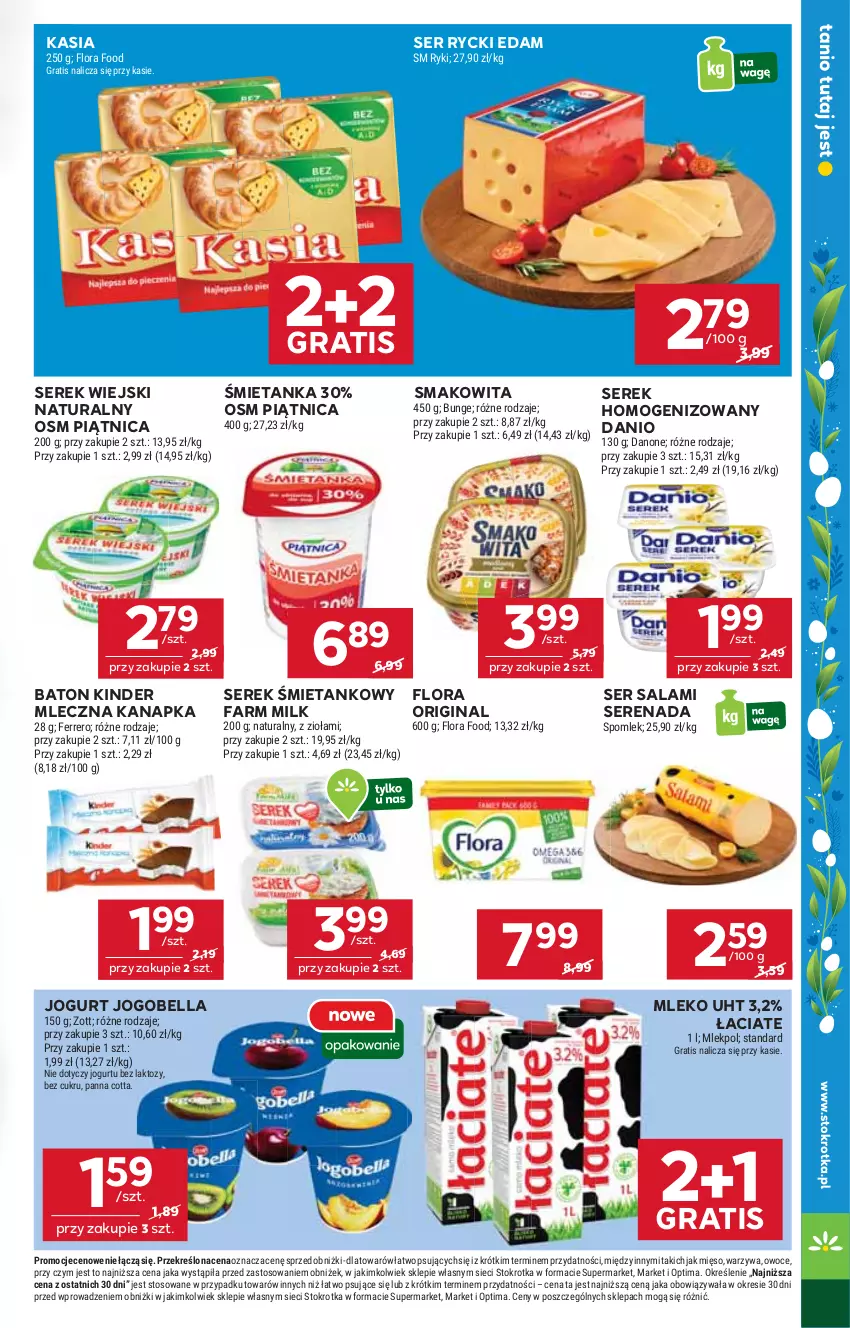 Gazetka promocyjna Stokrotka - Market - ważna 19.03 do 25.03.2026 - strona 15 - produkty: Baton, Bell, Bella, Danio, Danone, Edam, Fa, Farm Milk, Ferrero, Flora, Gin, Gra, Jogobella, Jogurt, Kasia, Kinder, Mięso, Mleczna kanapka, Mleko, Optima, Owoce, Panna cotta, Piątnica, Rycki Edam, Salami, Ser, Ser salami, Serek, Serek homogenizowany, Serek wiejski, Smakowita, Warzywa, Zott