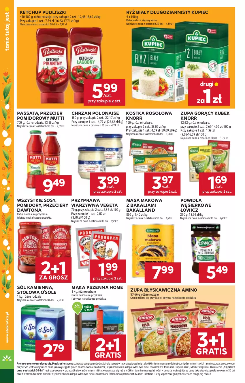 Gazetka promocyjna Stokrotka - Market - ważna 19.03 do 25.03.2026 - strona 22 - produkty: Bakalland, Chrzan, Dawtona, Gra, Ketchup, Knorr, Kubek, Kupiec, Mąka, Mąka pszenna, Mięso, Optima, Owoce, Piec, Pomidory, Pudliszki, Ryż, Ryż biały, Sól, Sos, Vegeta, Warzywa, Zupa