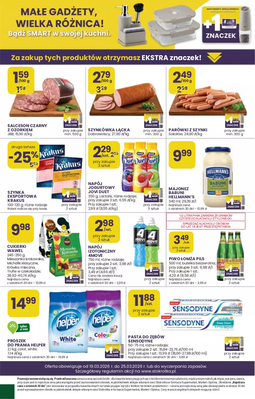 Gazetka promocyjna Stokrotka - Market - ważna 19.03 do 25.03.2026 - strona 26 - produkty: Babuni, Gra, Hellmann’s, Jogurt, Krakus, Majonez, Mięso, Napój, Napój jogurtowy, Optima, Owoce, Parówki, Parówki z szynki, Piwa, Por, Proszek do prania, Sensodyne, Sport, Szynka, Warzywa, Wawel